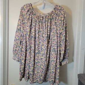 CHAPS LADIES 3X FLORAL 3/4 SLEEVE BLOUSE SHIRRED ELASTIC CUFFS.